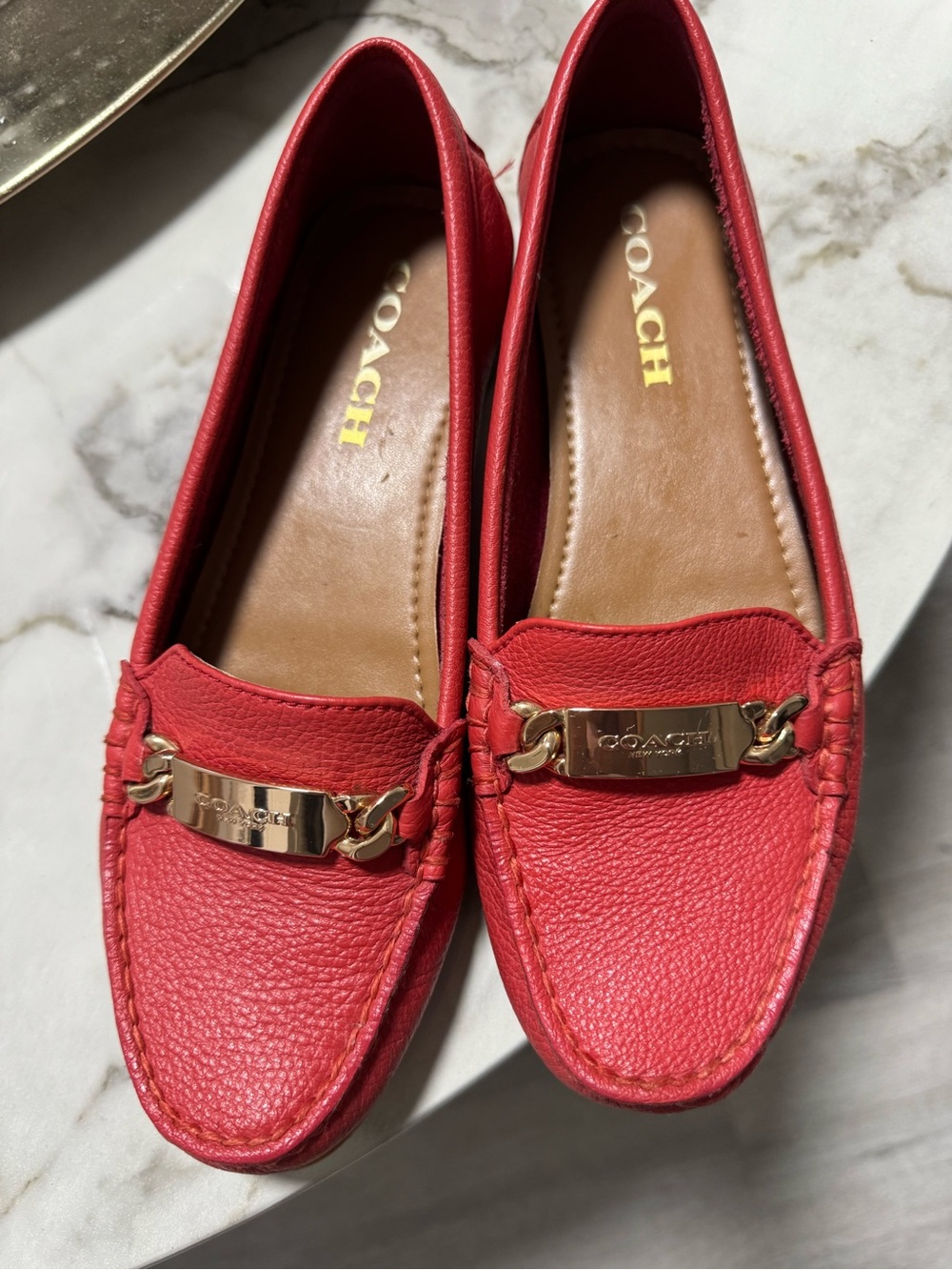 Coach Orange Pebbled Leather Moccasin Loafers with Gold Plate